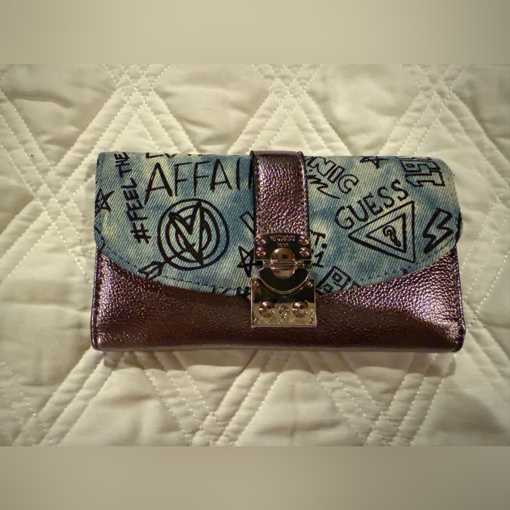 Guess Blue and Silver Graphic Clutch